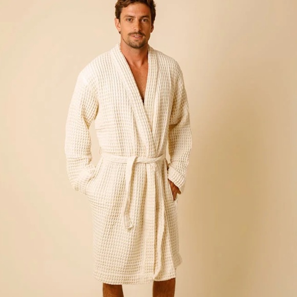 Happy Place Unisex Waffle Bath Robe Sand Organic Knit Belted Pockets Size S - Picture 2 of 12
